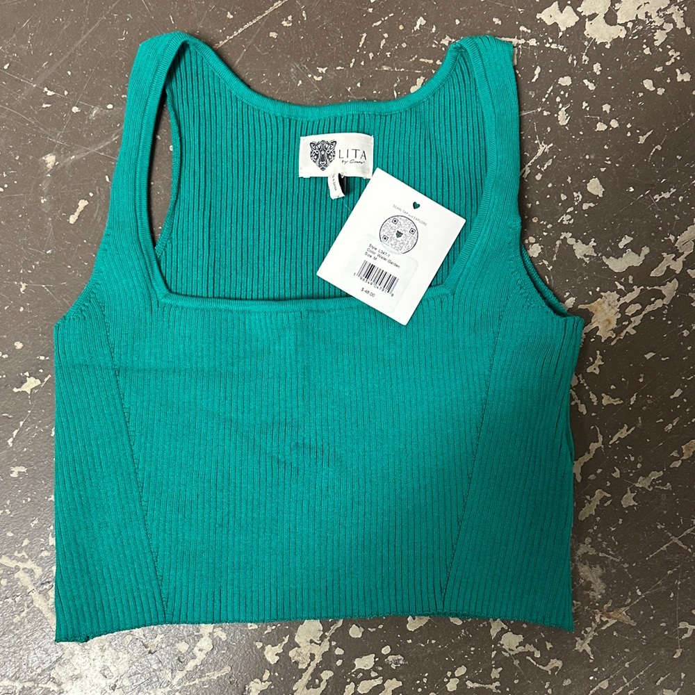LITA Green Ribbed Square-Neck Tank Top